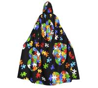 Hingor Autism Awareness Puzzle Pieces Heart Print Unisex Hooded Halloween Cloak Long Cape Robe Dress Costumes For Adults Kids Cosplay