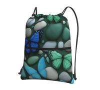 Hingor Blue Butterfly Green Butterfly And Stone Print Drawstring Backpack String Bag Sackpack Cinch Water Resistant For Gym Shopping Sport Yoga