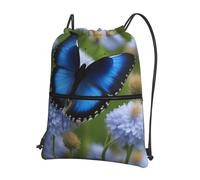 Hingor Blue Butterfly Print Drawstring Backpack String Bag Sackpack Cinch Water Resistant For Gym Shopping Sport Yoga