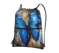 Hingor Blue Butterfly Print Drawstring Backpack String Bag Sackpack Cinch Water Resistant For Gym Shopping Sport Yoga