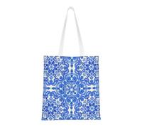 Hingor Blue Folk Art Pattern Print Aesthetic Canvas Tote Bag For Women, Cute, Trendy & Reusable Canvas Shopping Bag Bags For School, Shopping, Gym, Library And Beach