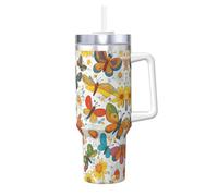 Hingor Butterfly Daisy Print 40oz with Straw and Lid, Stainless Steel Double Wall Vacuum Insulated Coffee Mug for Hot and Cold Coffee, Travel Mug with Handle