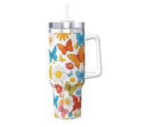 Hingor Butterfly Daisy Print 40oz with Straw and Lid, Stainless Steel Double Wall Vacuum Insulated Coffee Mug for Hot and Cold Coffee, Travel Mug with Handle