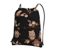 Hingor Cute Brown Cartoon Owls Print Drawstring Backpack String Bag Sackpack Cinch Water Resistant For Gym Shopping Sport Yoga