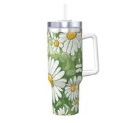 Hingor Daisy Print 40oz with Straw and Lid, Stainless Steel Double Wall Vacuum Insulated Coffee Mug for Hot and Cold Coffee, Travel Mug with Handle