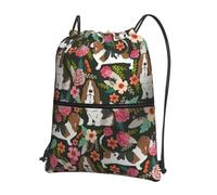Hingor Dog And Flower Print Drawstring Backpack String Bag Sackpack Cinch Water Resistant For Gym Shopping Sport Yoga