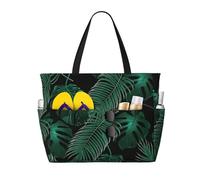 Hingor Fashion Banana Leaf Green Print Beach Bag Waterproof Beach Totes Bags For Women, Lightweight Foldable Pool Bag With Zipper Wet Compartment