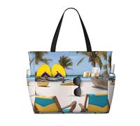 Hingor Fashion Beach Palm Tree Chairs Boats Print Beach Bag Waterproof Beach Totes Bags For Women, Lightweight Foldable Pool Bag With Zipper Wet Compartment