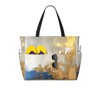 Hingor Fashion Gold Blue White Print Beach Bag Waterproof Beach Totes Bags For Women, Lightweight Foldable Pool Bag With Zipper Wet Compartment