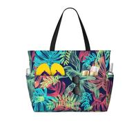 Hingor Fashion Illustration Digital Art Leaf Print Beach Bag Waterproof Beach Totes Bags For Women, Lightweight Foldable Pool Bag With Zipper Wet Compartment