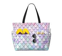 Hingor Fashion Mermaid Pastel Pink Purple Aqua Tea Print Beach Bag Waterproof Beach Totes Bags For Women, Lightweight Foldable Pool Bag With Zipper Wet Compartment