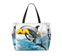 Hingor Fashion Ocean Dolphin Looking At You Print Beach Bag Waterproof Beach Totes Bags For Women, Lightweight Foldable Pool Bag With Zipper Wet Compartment