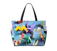 Hingor Fashion Origami Multicolor Papercraft Cranes Print Beach Bag Waterproof Beach Totes Bags For Women, Lightweight Foldable Pool Bag With Zipper Wet Compartment