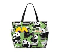 Hingor Fashion Panda Bamboo Print Beach Bag Waterproof Beach Totes Bags For Women, Lightweight Foldable Pool Bag With Zipper Wet Compartment