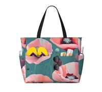 Hingor Fashion Pastel Poppies Print Beach Bag Waterproof Beach Totes Bags For Women, Lightweight Foldable Pool Bag With Zipper Wet Compartment