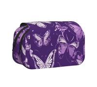 Hingor Fashion Purple Butterflies Floral Print Pen Pencil Double-Layer Zipper Pencil Case Pouch, Clear Makeup Color Pouch Cosmetics Bag Multi-Purpose Stationary Bag