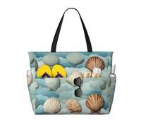Hingor Fashion Sea Shell Print Beach Bag Waterproof Beach Totes Bags For Women, Lightweight Foldable Pool Bag With Zipper Wet Compartment