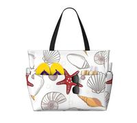 Hingor Fashion Shell Starfish Print Beach Bag Waterproof Beach Totes Bags For Women, Lightweight Foldable Pool Bag With Zipper Wet Compartment