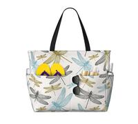 Hingor Fashion Simple Dragonfly Print Beach Bag Waterproof Beach Totes Bags For Women, Lightweight Foldable Pool Bag With Zipper Wet Compartment