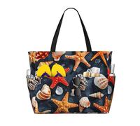 Hingor Fashion Starfish And Seashell Pattern Print Beach Bag Waterproof Beach Totes Bags For Women, Lightweight Foldable Pool Bag With Zipper Wet Compartment