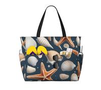 Hingor Fashion Starfish And Shells Print Beach Bag Waterproof Beach Totes Bags For Women, Lightweight Foldable Pool Bag With Zipper Wet Compartment