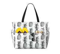 Hingor Fashion Tropical Theme Pineapple Fruit Pattern Print Beach Bag Waterproof Beach Totes Bags For Women, Lightweight Foldable Pool Bag With Zipper Wet Compartment
