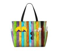 Hingor Fashion Vertical Planks In Carpentry Oak Timber Print Beach Bag Waterproof Beach Totes Bags For Women, Lightweight Foldable Pool Bag With Zipper Wet Compartment