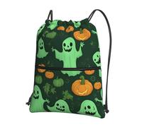Hingor Green Ghost Horror Halloween Pumpkin 2 Print Drawstring Backpack String Bag Sackpack Cinch Water Resistant For Gym Shopping Sport Yoga