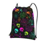 Hingor Halloween Skull Print Drawstring Backpack String Bag Sackpack Cinch Water Resistant For Gym Shopping Sport Yoga