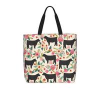 Hingor Pink Flower Show Steer Cows Cattle Print Totes Bag Handbag Crossbody Bag Large Capacity Shoulder Bags With Zipper For Women Ladies Girls School,College,Shopping,Work