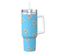 Hingor Small Daisy Print 40oz with Straw and Lid, Stainless Steel Double Wall Vacuum Insulated Coffee Mug for Hot and Cold Coffee, Travel Mug with Handle