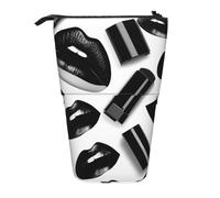 Hingor Standing Pencil Case Cool Black Lipstick Lips Print Telescopic Pencil Case Stand Up Pen Holder Cartoon Portable Makeup Bag for School Office Cosmetics Gift Supply
