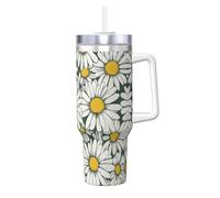 Hingor White Daisy Print 40oz with Straw and Lid, Stainless Steel Double Wall Vacuum Insulated Coffee Mug for Hot and Cold Coffee, Travel Mug with Handle