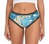 Hingor Women Greece Map Print Hipster Panties, Lace Trims Low Rise Bikini Comfortable Underwear S-Xxl Black