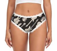 Hingor Women Guitar Pattern Print Hipster Panties, Lace Trims Low Rise Bikini Comfortable Underwear S-Xxl White