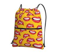 Hingor Women Smiling And Biting Her Red Lips Print Drawstring Backpack String Bag Sackpack Cinch Water Resistant For Gym Shopping Sport Yoga