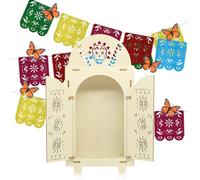 HINGTAI 10Pcs Dia De Los Muertos Decorations Set, Day of the Dead Altar Supplies Wooden Shadow Box Display with 6 Butterflies & 3 Banners for Ofrenda Altar Decor, Memorial Photo Frame Celebration