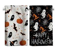 HINGTAI 2Pcs Halloween Kitchen Towels, Halloween Scary Ghost Pumpkin Hand Towels Drying Cloth Towel Halloween Hand Dish Towels for Kitchen Home, Living Room Dining Room Table Decor 18x26 Inch