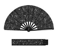 HINGTAI Glitter Plastic Bone Black Fan with Strap, Large Fans for Line Dancing, Scientific Size for Both Men and Women, Suitable for Music Festivals Dance Parties Clubs and Any Other Lively Places