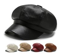 HINGTAT Faux PU Leather Newsboy Octagonal Beret Hats for Women Ladies Girls Baker Boy French Caps Casual Classic Solid Color Artist Painter Cap Vintage Elegant Visor Basque Beret Autumn Coffee