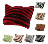 HINGTAT Women's Cat Beanie Crochet Hats with Ears Knitted Striped Winter Warm Slouchy Elastic Cap for Girls Adults Kids Black Red
