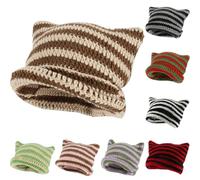 HINGTAT Women's Cat Beanie Crochet Hats with Ears Knitted Striped Winter Warm Slouchy Elastic Cap for Girls Adults Kids Brown Khaki