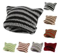 HINGTAT Women's Cat Beanie Crochet Hats with Ears Knitted Striped Winter Warm Slouchy Elastic Cap for Girls Adults Kids Black Grey