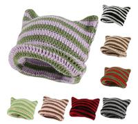 HINGTAT Women's Cat Beanie Crochet Hats with Ears Knitted Striped Winter Warm Slouchy Elastic Cap for Girls Adults Kids Purple Green