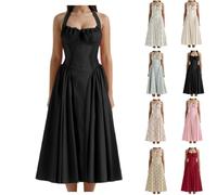 HINGTAT Women's Floral Dress Summer Halter Neck Print Elegant Princess Silhouette with Lace Trim High Waist Slim Fit and Flared Hem for Beach Outdoor or Casual Occasions Black