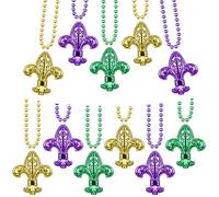 Hinly 12 Pcs Mardi Gras Bead Necklaces Bulk Fleur De Lis Gold Purple Green New Orleans Beads for Holiday Parade Party Supplies