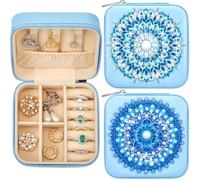 Hinly 2 Pcs Portable Diamond Painting Jewelry Storage Box Mandala Diamond Art Accessories Blue PU Leather Jewelry Ring Organizer Case Travel Jewelry Organizer