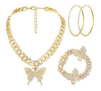 Hinly 3 Pcs Butterfly Cuban Jewelry Set Cuban Link Chain Necklace for Women Rhinestone Pendant Necklace Bracelet Large Hoop, Bracelet: approx. 20 cm
