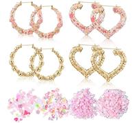 Hinly 6 Pairs DIY Bamboo Hoop Earring Making Kit with Pink Resin Beads Charms Kits Hollow Casting Hip Hop Jewelry for Women