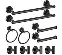 Hinmood Bathroom Hardware Set Black 10 Pieces, Towel Bar Set Matte Black Stainless Steel Towel Rack Set Includes 2PCS 16'' Towel bar, 4PCS Towel Hooks, 2PCS Toilet Paper Holder and 2PCS Towel Ring